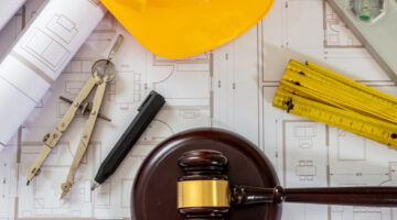 Construction and Labor law flat lay. Judge gavel and design tools on building blueprint